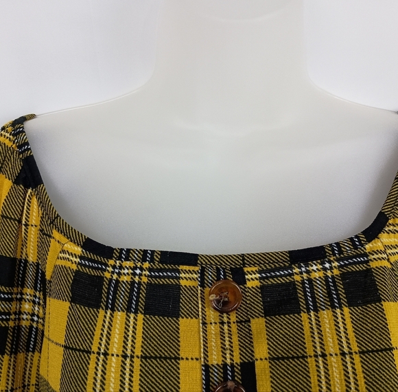 yellow Black peplum western Plaid Button-Up Top Preppy Patchwork fall blouse L - Picture 3 of 10